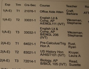 This schedule contains some of the few honors courses that will soon be replaced with dual credit courses. Photo by: Chandy Schuler