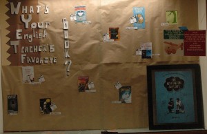 Billboard in the English hallway with some of the teachers favorite books. Photo by: Taylor Drake