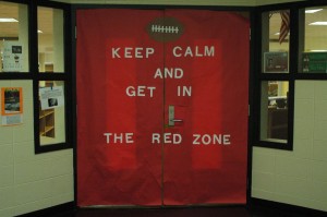 This is what the library doors looked like during the homecoming week. The homecoming week has been the Red Zone's pinnacle so far with the Pep Rally and the first Red Zone football game. Photo by Leon O