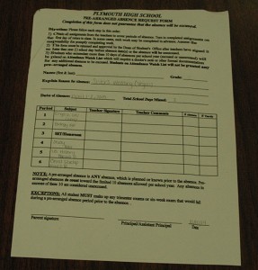 Students can fill out a prearranged absence form (found in the attendance office) prior to their absence to avoid a large amount of makeup work when they return. Photo by: Chandy Schuler