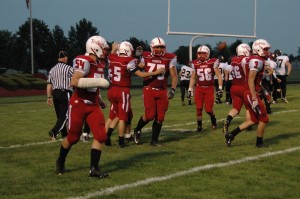 Sophomore Nate Lafree (54), the player who broke his Ulna and Radius in the scrimmage with Culver, continues to play. Photo contributed by: Chelsea Baca.